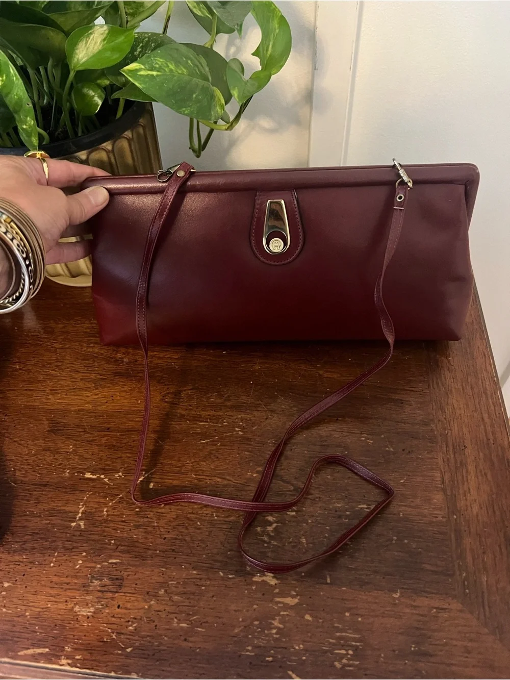 Vintage Etienne Aigner Burgundy Leather Frame Clutch Horseshoe Logo